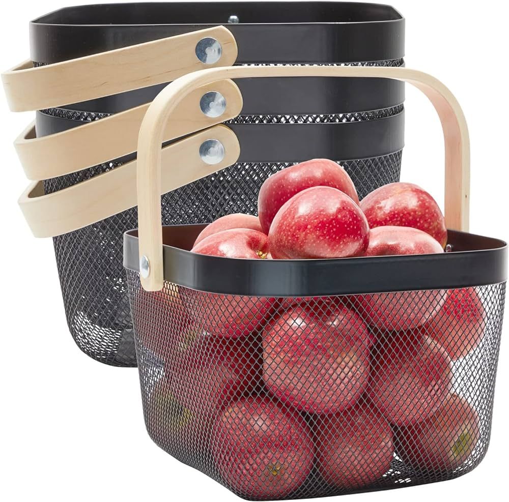 4 Pack Square Mesh Fruit Basket with Wooden Handle for Kitchen Storage Organization (Black, 9.4 x... | Amazon (US)