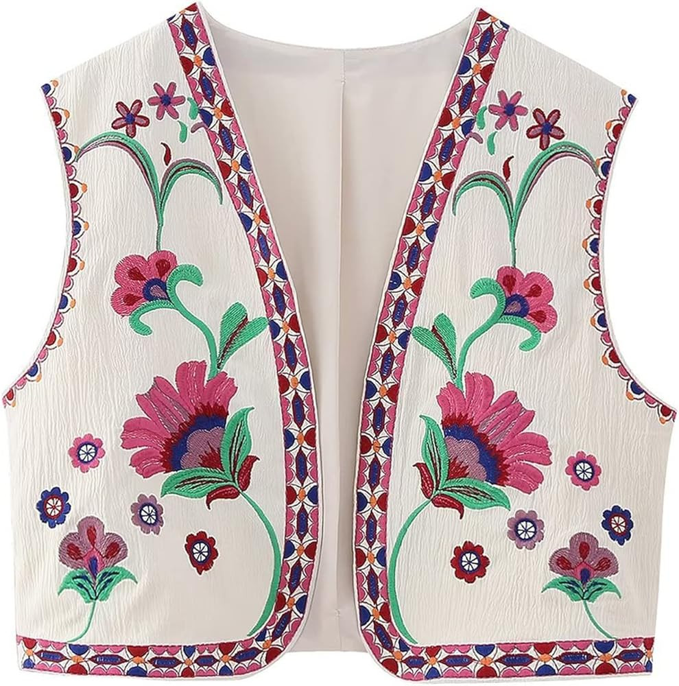 Women Embroidered Vest Y2k Vintage Floral Sleeveless Open Front Cardigan Flower Print Top Dating ... | Amazon (US)