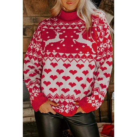 Redhotype Fiery Red Sweater: Warm Holiday Reindeer Heart High Neck | Walmart (US)