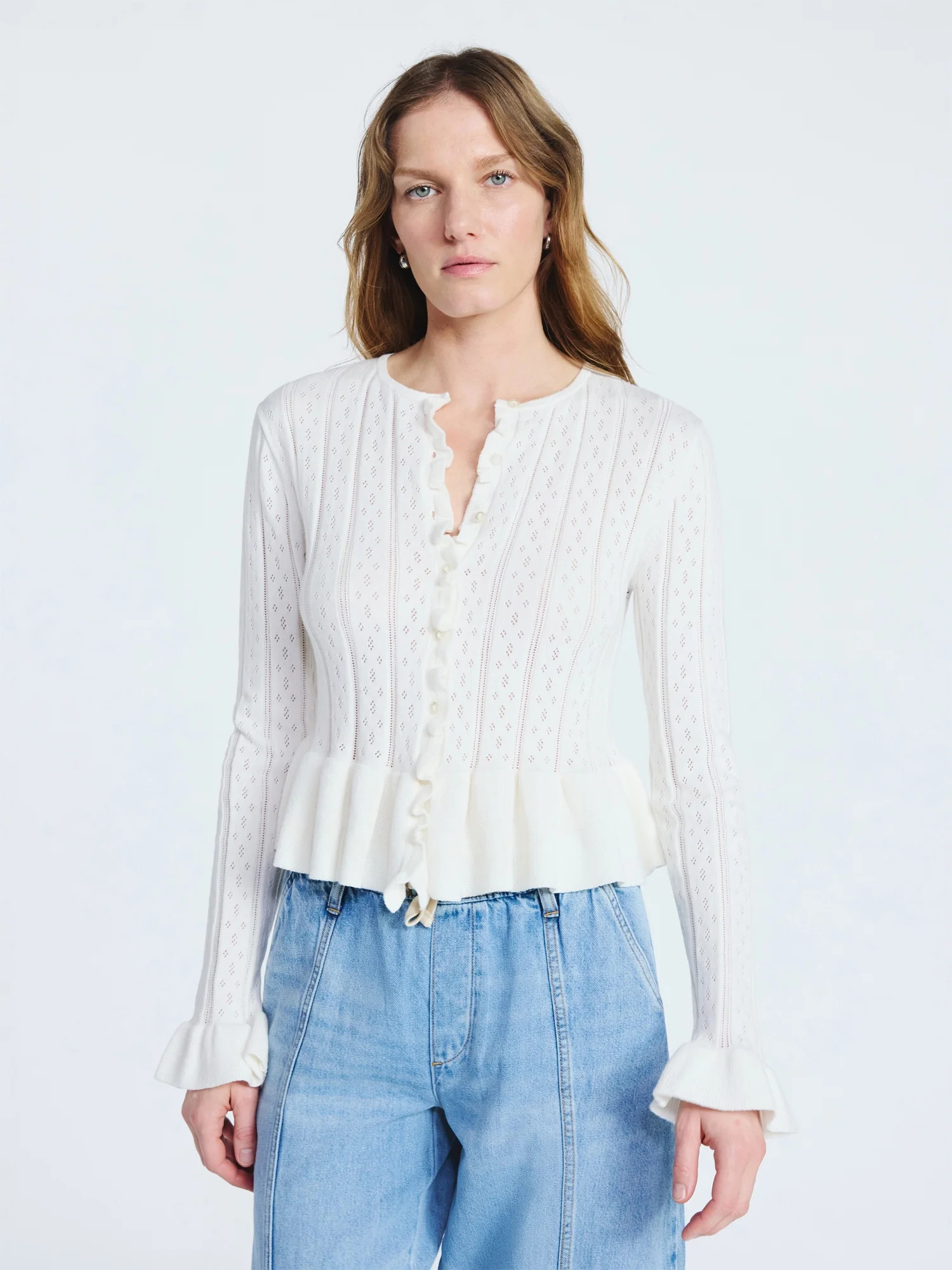 Scoop Women's and Women's Plus Peplum Ruffle Cardigan Sweater, Lightweight, Sizes XS-4X | Walmart (US)