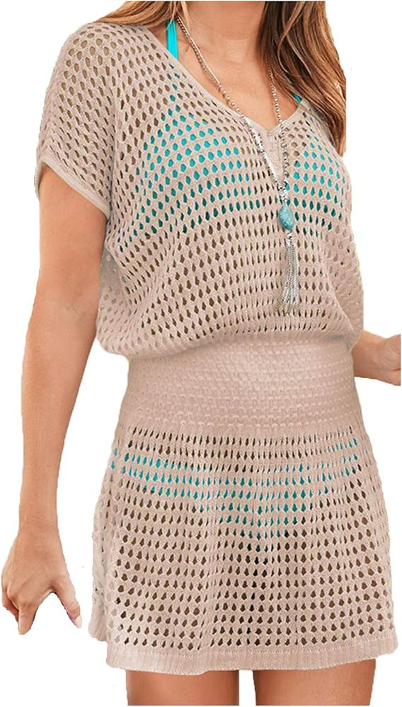 Wander Ago Beach Tops Sexy Knit Cover Dresses Bikini Cover-ups Nets Short Skirt | Amazon (US)