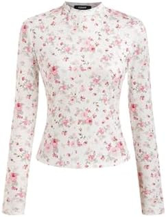 CIDER Women's Floral Knitted Long Sleeve Mock Neck Going Out Slim Fit Tops Fall Outfits Trendy Cl... | Amazon (US)