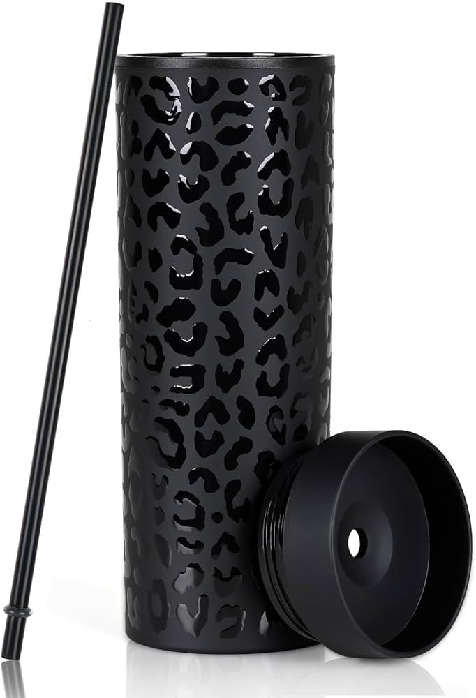 Modwnfy Leopard Tumbler, 16oz Black Leopard Tumbler with Lid and Straw, Matte Acrylic Skinny Tumb... | Amazon (US)