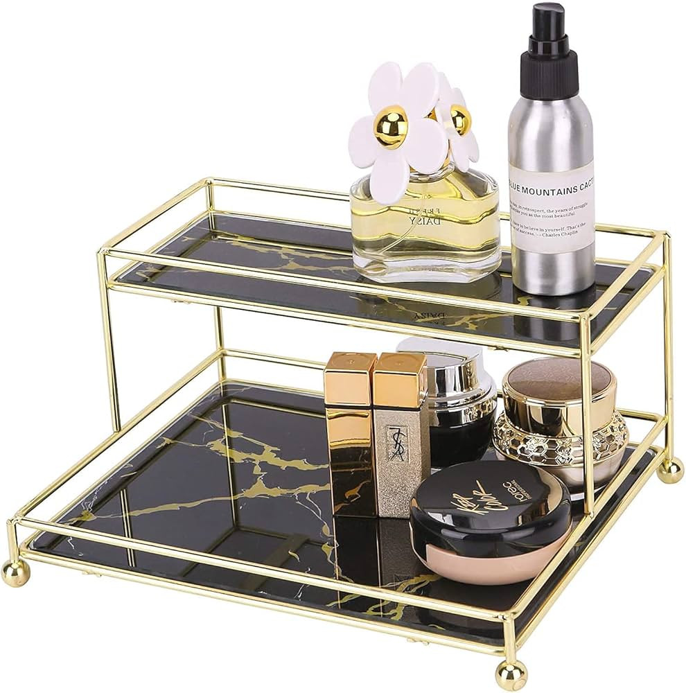 Z PLINRISE Makeup Organizer, 2-Tier Glass Vanity Tray for Perfume, Makeup and Toiletries, Wire Ba... | Amazon (US)