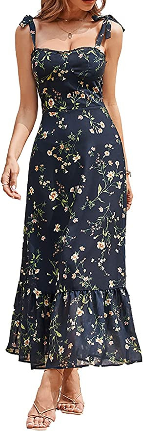 CUPSHE Women's A Line Dress Fitted Waisted Sleevelecss Navy Slip Floral Dress Tea Length with Zip... | Amazon (US)
