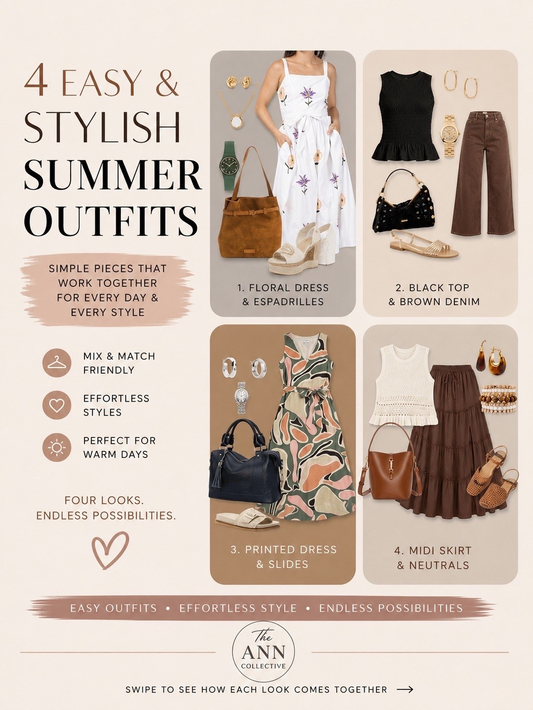 Summer outfit ideas that make getting dressed so much easier. These four looks are built with pieces that mix and match, so you can create more outfits without buying an entirely new wardrobe.
Everything is linked in my LTK.
#LTKStyle #SummerStyle #OutfitIdeas #EverydayStyle #AffordableFashion #CapsuleWardrobe #StyleInspiration #WardrobeEssentials #TheAnnCollective