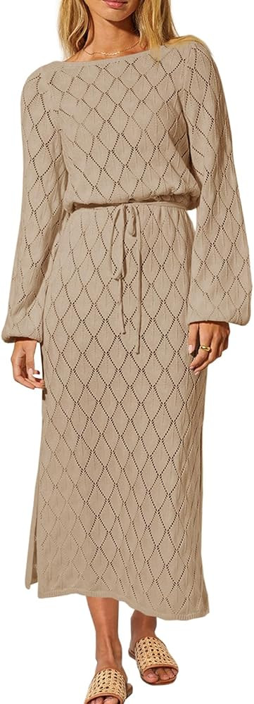 Wenrine Women's Fall Long Sleeve Sweater Dress Scoop Neck Diamond Crochet Knit Midi Dresses | Amazon (US)
