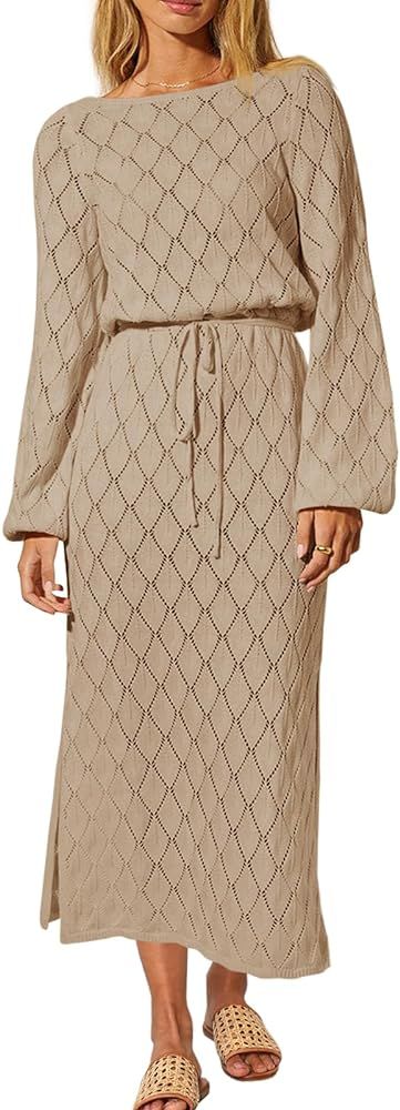 Wenrine Women's Fall Long Sleeve Sweater Dress Scoop Neck Diamond Crochet Knit Midi Dresses | Amazon (US)