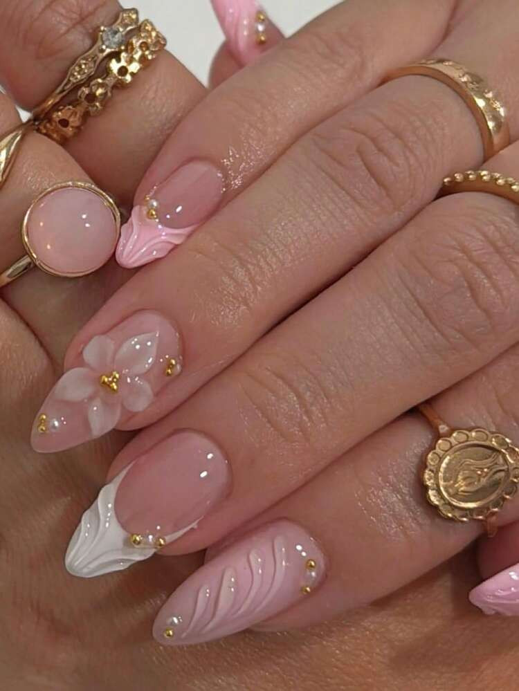 [Valentine's Day Gift]10pcs Y2K Style | White Three-Dimensional Flower Press On Nails, Pure Handmade Pink French Style Almond Nails, Transparent Pink Ground Color, Three-Dimensional Flowers, And False Nails Decorated With Gold Beads, Soft And Sweet, A Must All Year Round, Suitable For Daily Street, Dating, And Light Social Use, It Is The Best Gift For Girls And Women | SHEIN