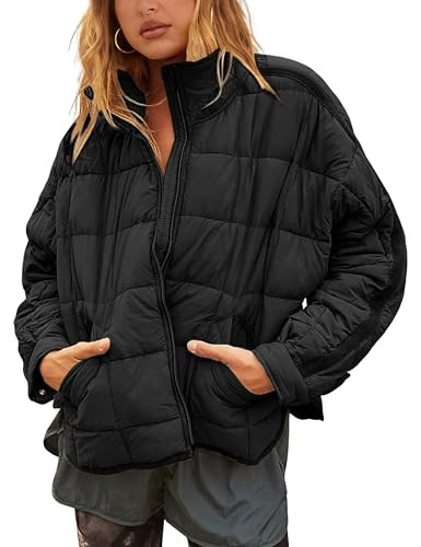 Bianstore Women's Oversized Splice Quilted Lightweight Puffer Jacket Casual Padded Coat(Black-XS) | Amazon (US)