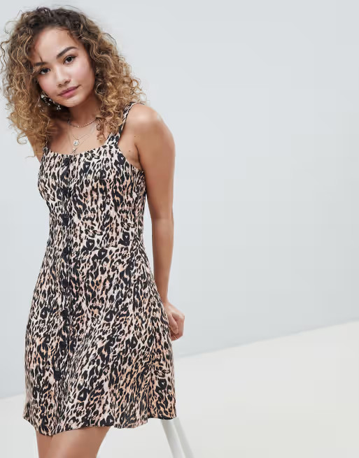 Miss Selfridge shift dress with button front in leopard print | ASOS UK