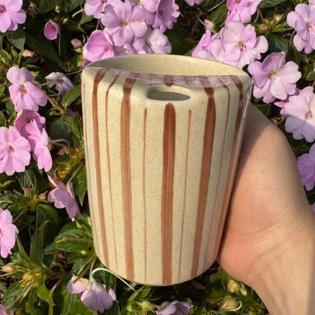 Pottery Travel Mug, to Go Ceramic Tumbler, Handmade Striped Mug, Burnt Sienna Coffee Cup, Gift fo... | Etsy (US)