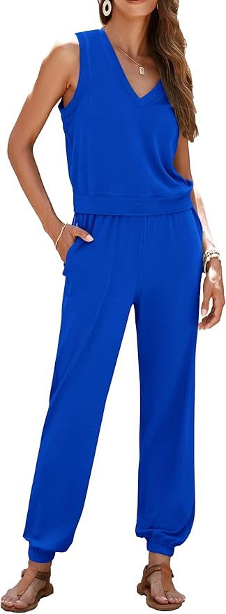 PRETTYGARDEN Women's Summer 2 Piece Tracksuit V Neck Tank Top Jogger Sweatpants Set Casual Lounge... | Amazon (US)