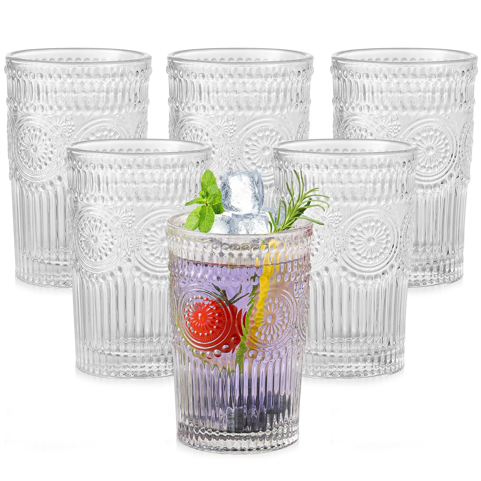 Vintage Glassware Drinking Glasses Set of 6,13 oz Clear Textured Flower Design Glass Water Tumble... | Amazon (US)