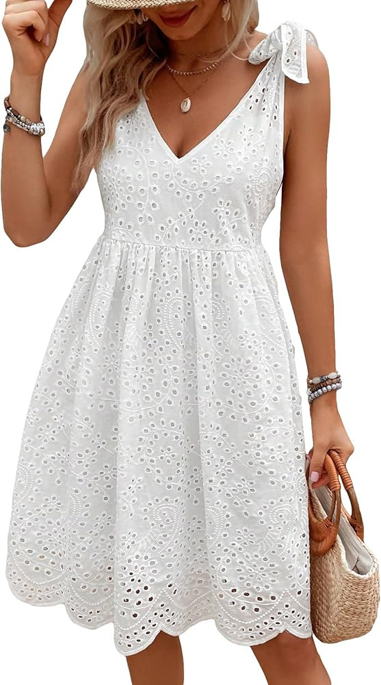WDIRARA Women's Eyelet Embroidery V Neck Scallop Trim Knot Shoulder Sleeveless Short Dress | Amazon (US)