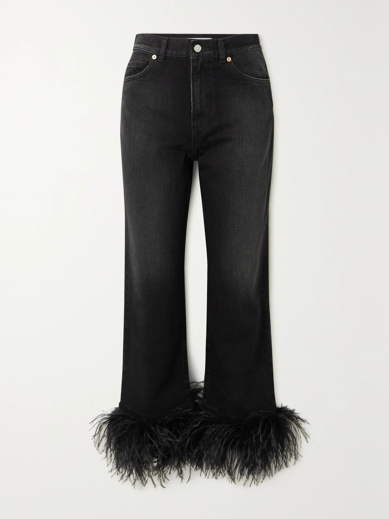 Valentino - Feather-trimmed Straight-leg Jeans - Black | NET-A-PORTER (US)