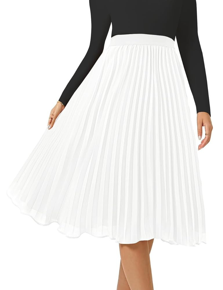 Women's Midi Skirt Elastic High Waist Pleated Skirt Knee Length Swing A-Line Casual Flowy Skirts ... | Amazon (US)