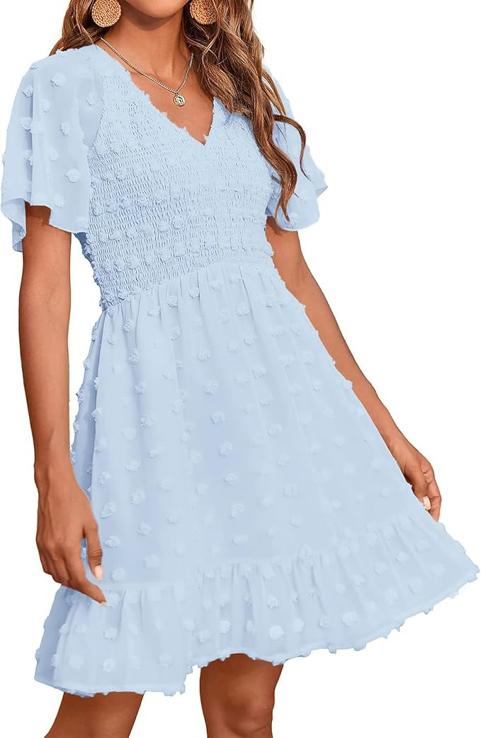 BTFBM Womens Beach Vacation Dress V Neck Short Sleeve Smocked Swiss Dot Casual Ruffle Mini Spring... | Amazon (US)