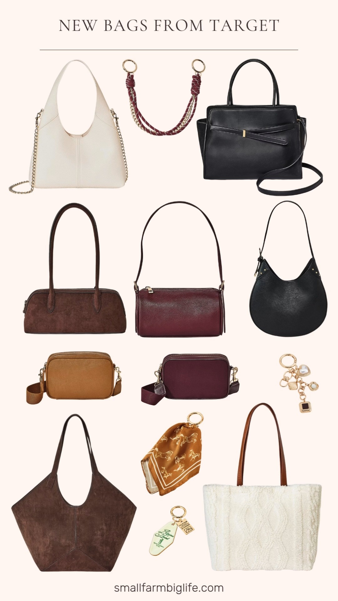 Target just dropped the cutest new bags + bag charms and I’m in my cozy girl era 👜✨ Think cognac and burgundy double zip camera bags, sleek black curved shoulder bag, classic long handle satchel, slouchy faux suede tote, the prettiest burgundy mini barrel bag, a cream slouchy chain mini, a belted black top handle, and the coziest reversible cable knit shearling tote. So many textures, colors, and styles to level up every winter outfit. 

 #LTKOver40 #LTKFindsUnder50