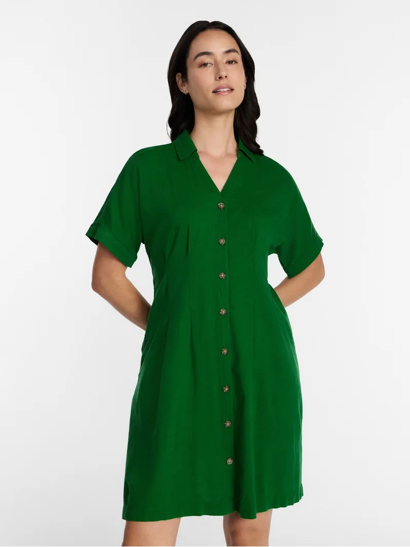 Time and Tru Women's Linen Pleated Waist Fit And Flare Mini Shirt Dress, Sizes XS-XXXL | Walmart (US)