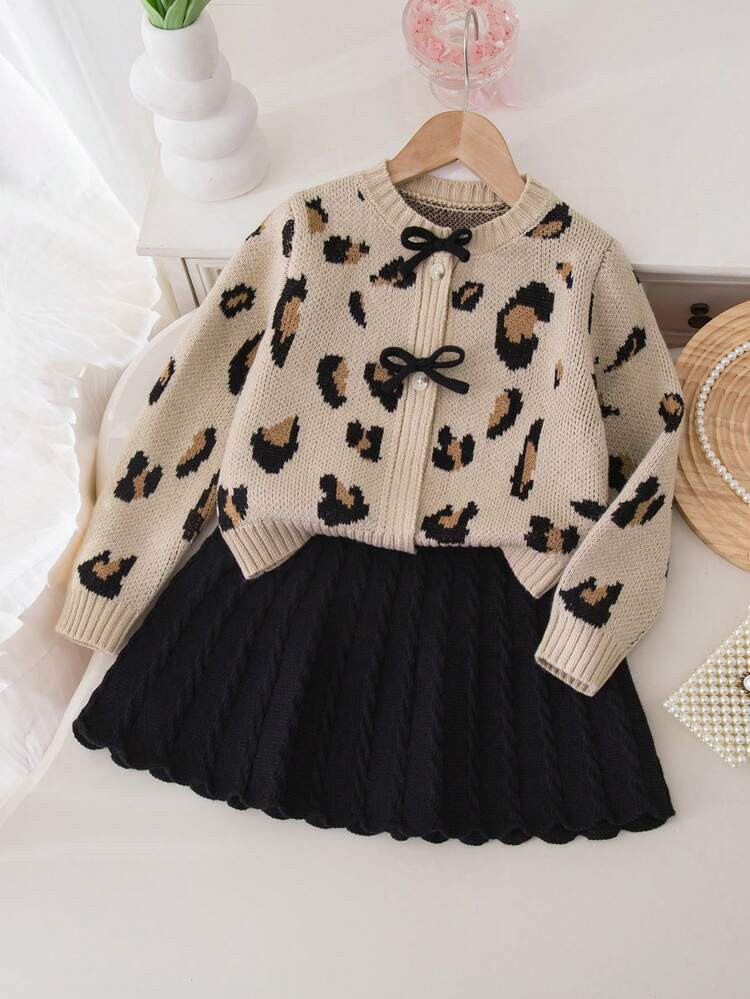 Young Girl Leopard Print Bow Decor Knitted Cardigan And Knitted Mini Skirt Set, Autumn/Winter Fal... | SHEIN