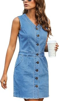 LookbookStore Women Sleeveless V Neck Button Down Frayed Hem Short Denim Dress | Amazon (US)