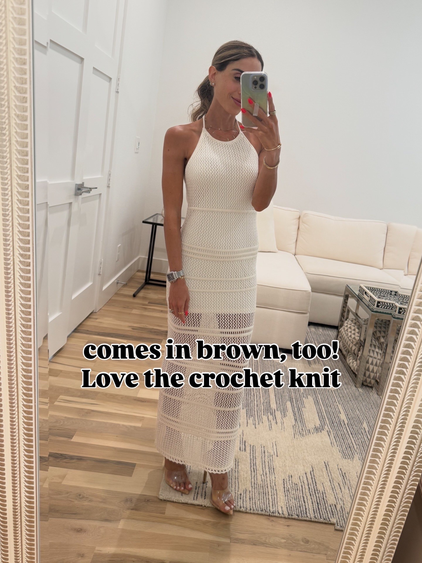 Thus pretty crochet halter dress I wore all summer long in stock and comes in chocolate brown too! On sale wearing xxs petite 

#LTKFindsUnder100 #LTKPetite #LTKFindsUnder50