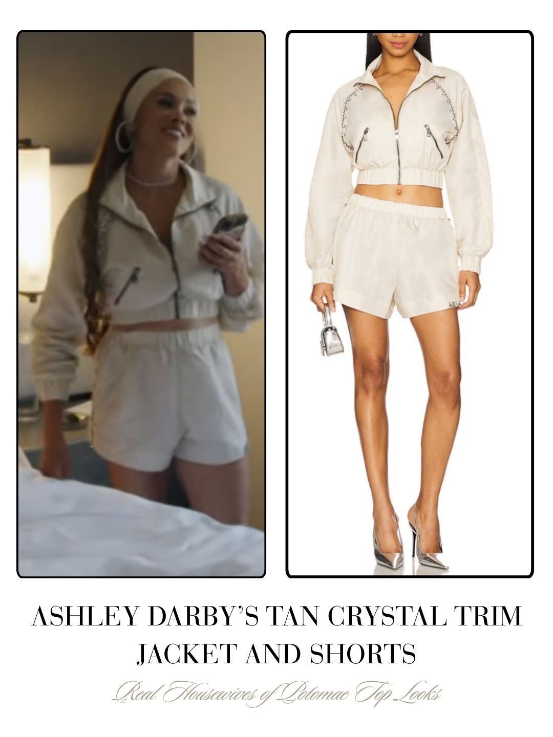 Ashley Darby’s Tan Crystal Trim Jacket and Shorts 