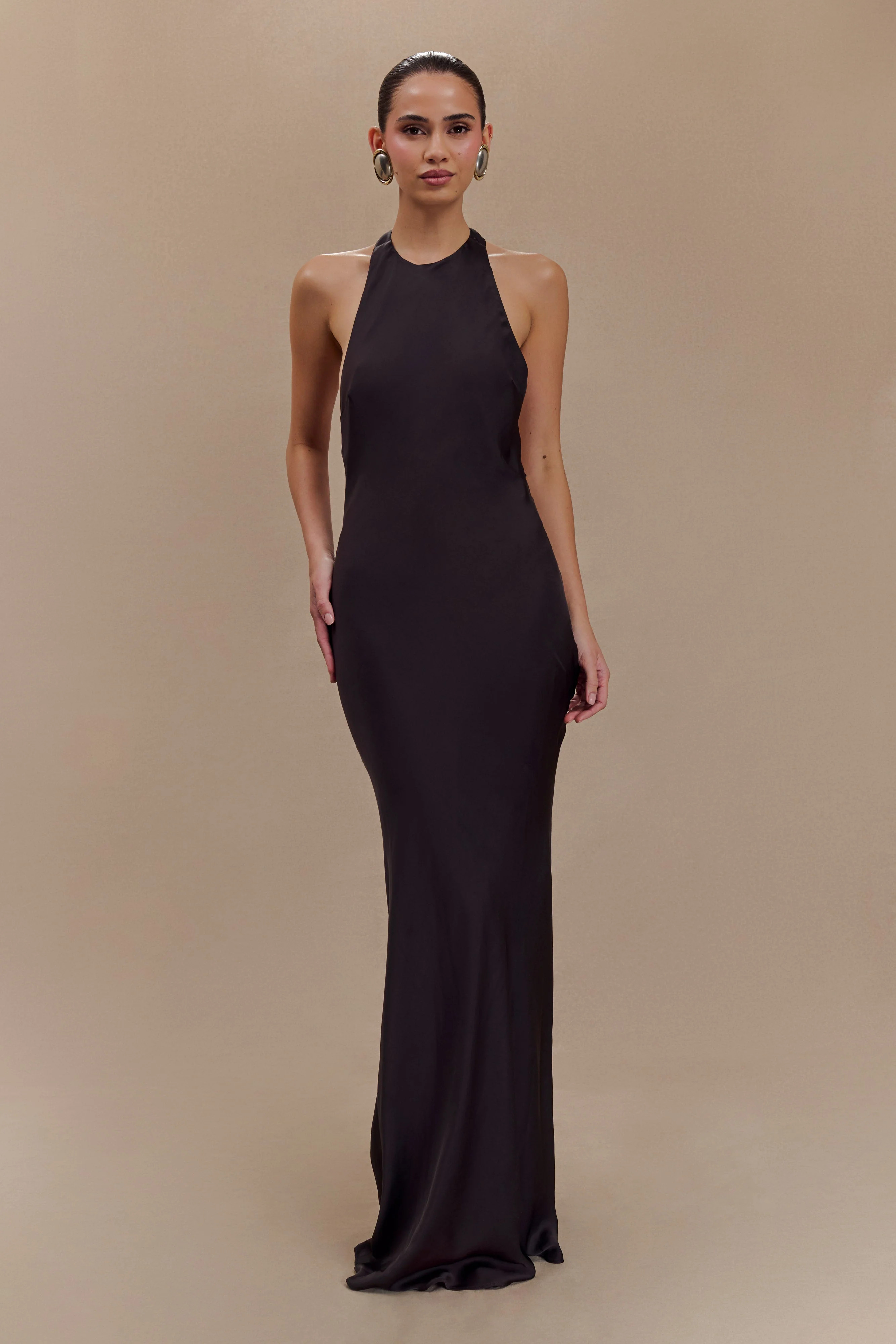 Satin Halter Maxi Dress - Black | MESHKI US