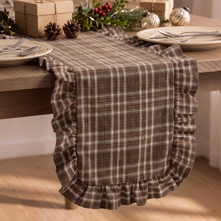 Fall Brown Gingham Table Runner Brown White Plaid Table Runner Ruffle | Amazon (US)