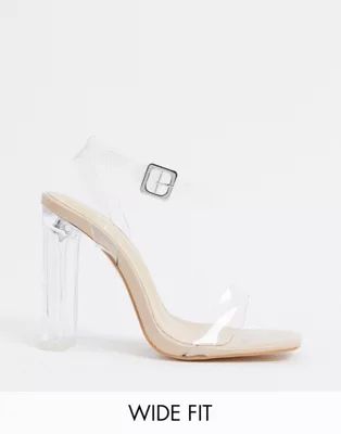 Public Desire Wide Fit Tribute clear sandals with square toe in beige | ASOS (Global)