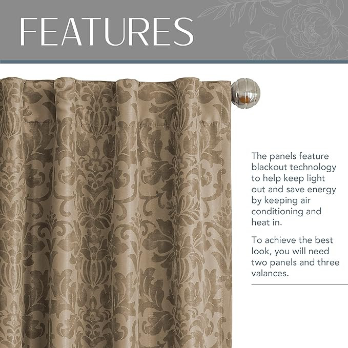 Elrene Home Fashions Antonia Floral Damask Blackout Single Window Curtain Panel, 52"x108", Taupe | Amazon (US)