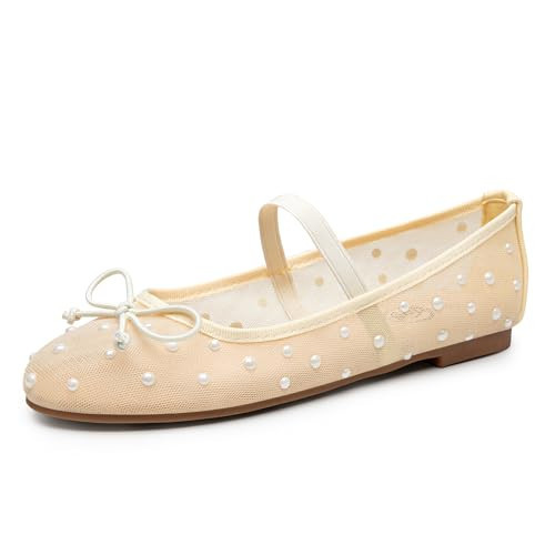 Trary Mesh Ballet Flats for Women, Pearl Ballet Flats Shoes for Women, Bow Mesh Flats for Women,Mesh Shoes Women, Mesh Mary Jane Flats for Women Wide, Flats for Women, Yellow Flats for Women | Amazon (US)