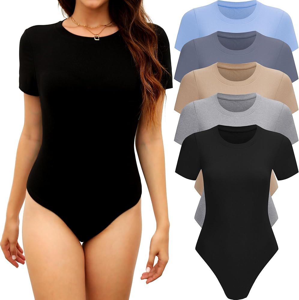 5 Pack Short Sleeve Body Suits Women Crew Neck Bodysuit Shirts for Women Daily Casual T Shirt Bod... | Amazon (US)