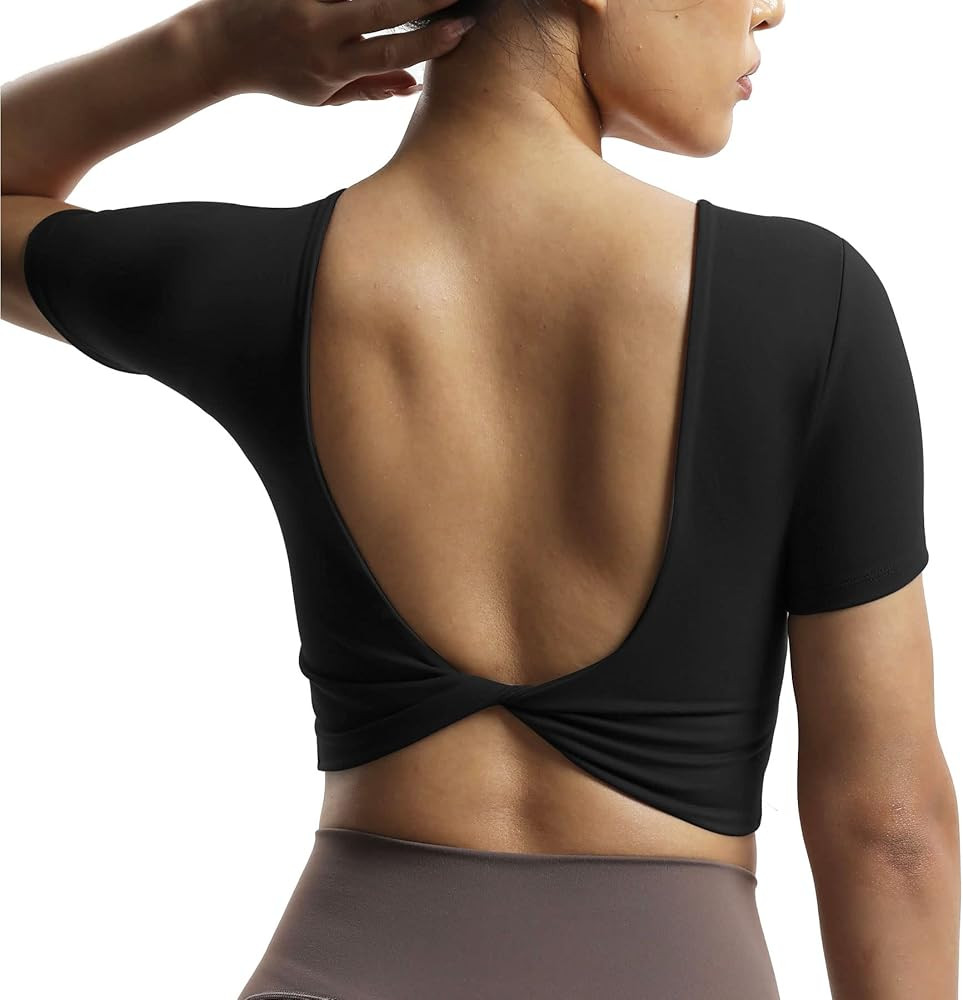 Aoxjox Short Sleeve Crop Tops for Women Emma Backless Twist Back Workout Crop T Shirt Top | Amazon (US)