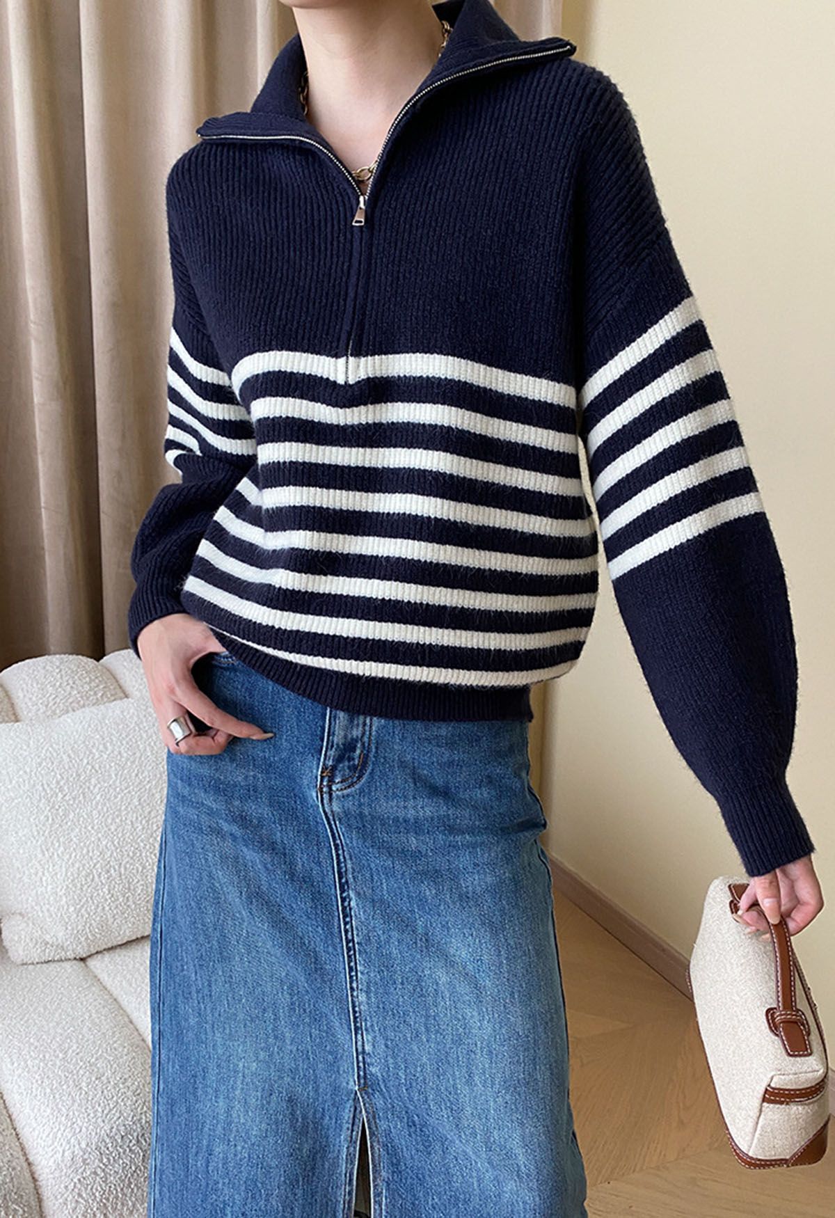 Flap Collar Zipper Neck Striped Knit Sweater in Navy | Chicwish