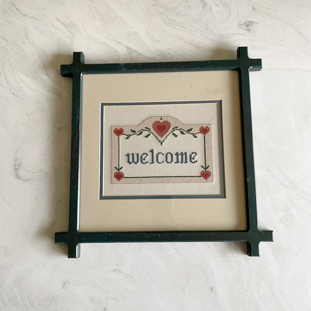 Vintage Framed Welcome Hearts Cross Stitch Wall Hanging, 80s 90s Petit Point Embroidery Wall Art ... | Etsy (US)