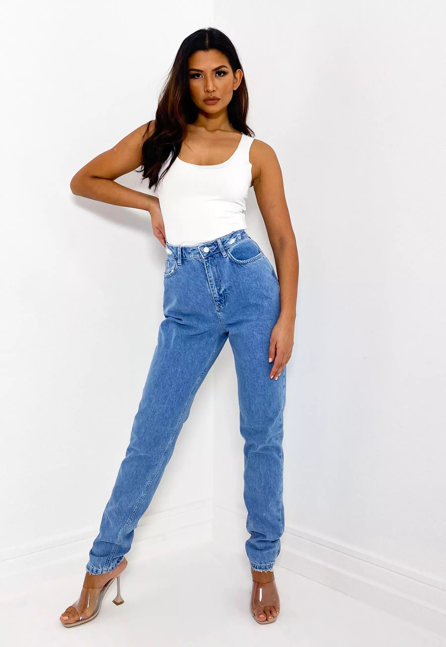 Tall Blue Riot High Waisted Distressed Waist Jeans | Missguided (US & CA)