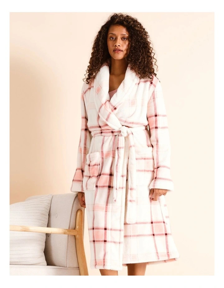 Fleece Long Robe in Light Check | Myer