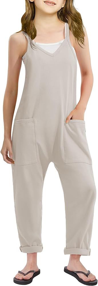 KEREDA Girls Casual Jumpsuit Spaghetti Strap Sleeveless Romper Loose Harem Long Pants With Pockets | Amazon (US)