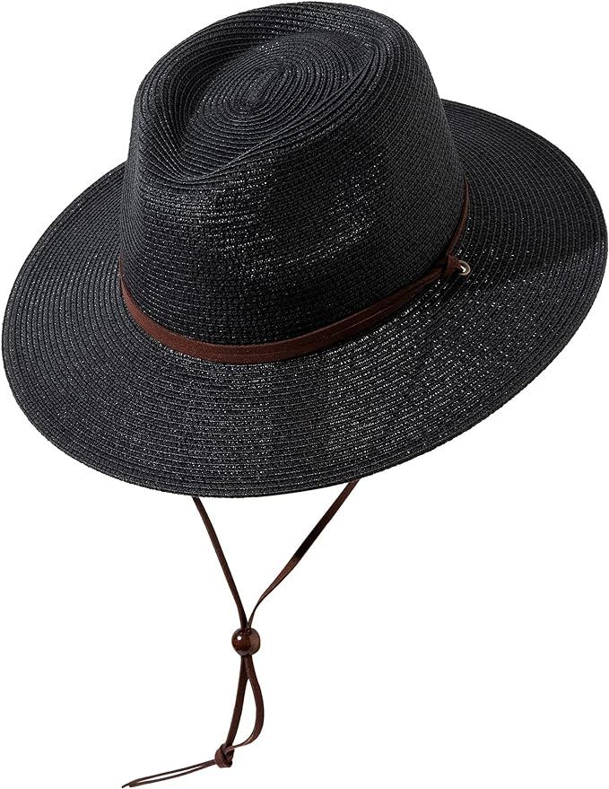 Lanzom Straw Hats for Women Lady Wide Brim Panama Fedora Cap Beach Hat with Wind Lanyard UPF 50+ | Amazon (US)