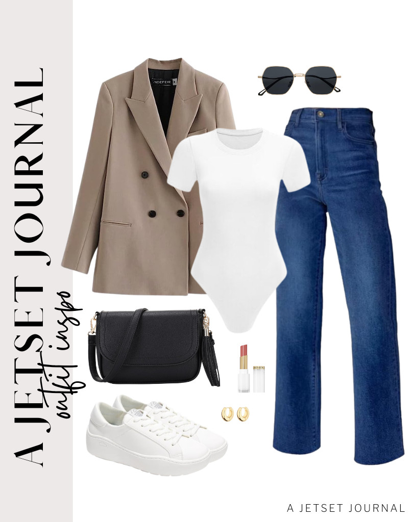For the first look, start with a white crew-neck, short-sleeve bodysuit and pair it with straight-leg jeans. Complete the outfit with an Allegra K lapel blazer and Lamiss sneakers. I also love adding a quilted crossbody bag and square sunglasses to finish this look. 

 #LTKSeasonal #LTKSaleAlert #LTKTravel