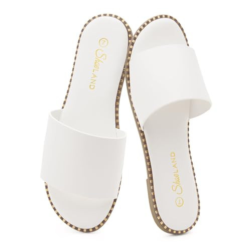 Shoe Land Flat Sandals for Women – Slip-On Slides with Cushioned Footbed | Comfortable Dressy & Casual Open Toe Summer Sandals for Beach, Travel & Everyday Wear, White, Size 7.0, Carlena | Amazon (US)