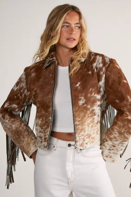 NASTY GAL Zip Through Fringe Jacket in Animal at Nordstrom, Size 0 | Nordstrom