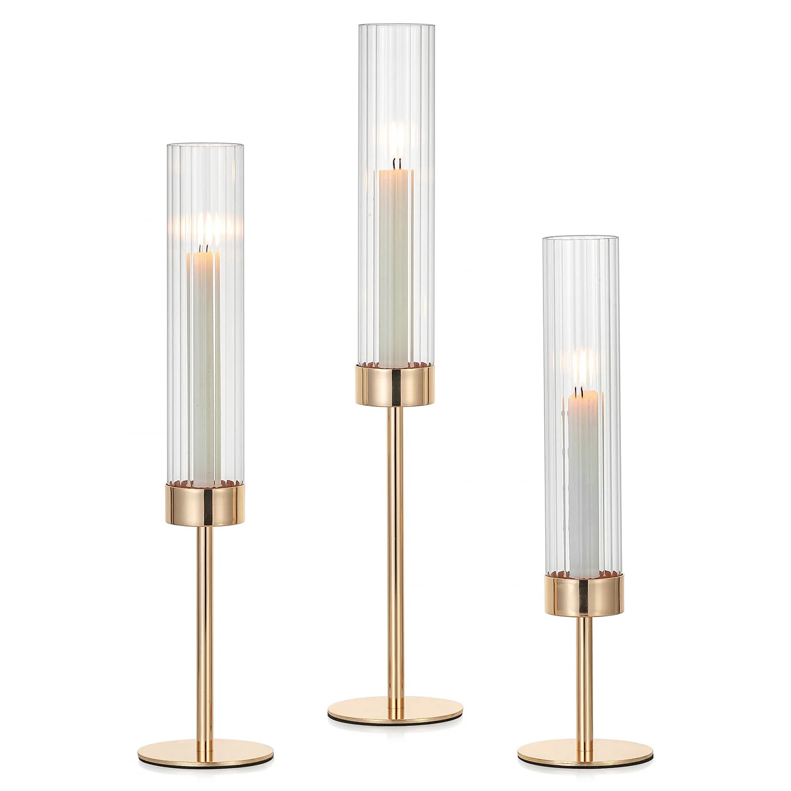 Glasseam Set of 3 Brass Hurricane Candle Holders: Windproof Taper Candle Sticks Holder with Weighted Base for Wedding Christmas Decor (14.5"-19") | Walmart (US)