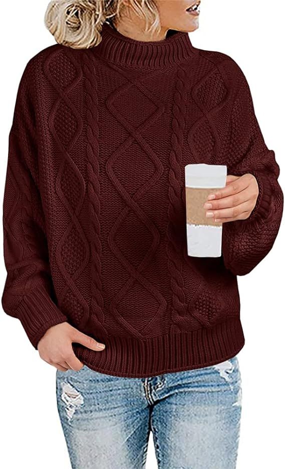 Maroway Womens Turtleneck Sweaters Cable Knit Chunky Pullovers Casual Long Sleeve Loose Jumper To... | Amazon (US)