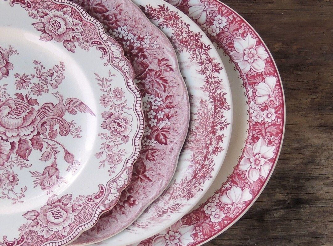Mismatched Pink White Transferware Dinner Plates Set of 4 Red Transferware Replacement China Pink... | Etsy (US)