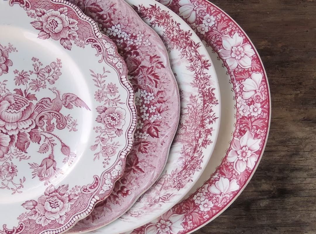 Mismatched Pink White Transferware Dinner Plates Set of 4 Red Transferware Replacement China Pink... | Etsy (US)