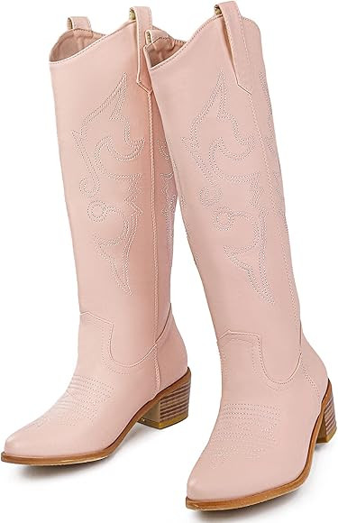 DREAMCIA Women's Embroidered Western Cowboy Cowgirl Boots Chunky Heel Pull On Round Toe Mid Wide ... | Amazon (US)