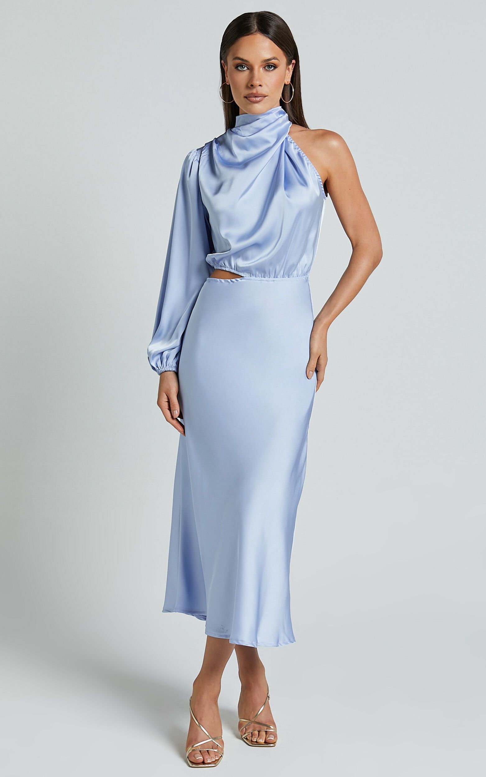 Marcela Midi Dress - Drape Neck One Sleeve Satin Bias Cut Dress in Light Blue | Showpo (US, UK & Europe)